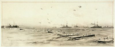 A frota alemã de alto mar encurralada em Scapa, c.1918 (lavagem, cinzento, realçado com branco) de William Lionel Wyllie