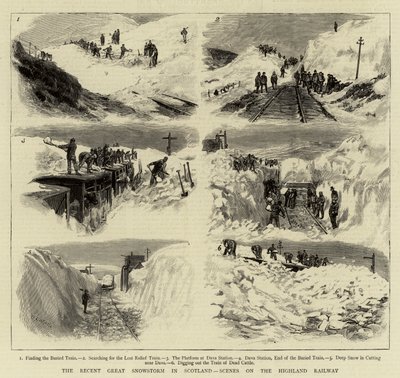 A recente grande tempestade de neve na Escócia, cenas na ferrovia Highland de William Lionel Wyllie
