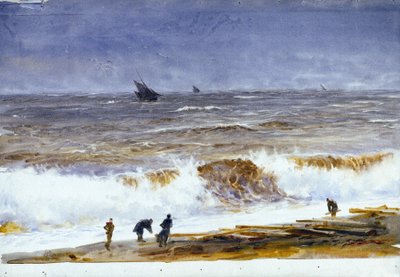 A praia de Berck sur mer (Berck-sur-Mer) (França), com mares turbulentos e personagens na praia. Aguarela, depois de 1890, de William Lionel Wyllie (1851-1931). de William Lionel Wyllie