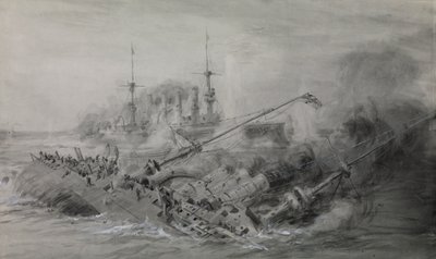 O último "Scharnhorst" e o "Gneisenau"; Batalha das Ilhas Falkland, 8 de dezembro de 1914, cerca das 16.15, c.1915-18 (aguada, cinzento, realçado com branco) de William Lionel Wyllie