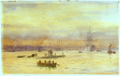 Esta vista olha para o porto do lado de Gosport, onde um submarino está a entrar, com outro à sua frente. de William Lionel Wyllie
