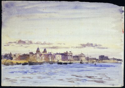 Vista do Royal Naval College, em Greenwich (Inglaterra), sobre o Tamisa, ao pôr do sol, tirada de Blackwall (margem oposta). Aguarela, início do século XX, de William Lionel Wyllie (1851-1931). de William Lionel Wyllie