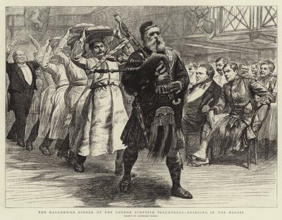 O Jantar Hallowe&39;en dos Voluntários Escoceses de Londres, trazendo os Haggis de William Lockhart Bogle