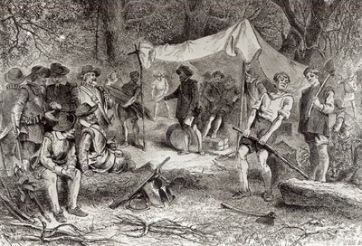 O Primeiro Dia em Jamestown, 14 de maio de 1607, de "O Romance e a Tragédia da Vida Pioneira", de Augustus L. Mason, 1883 (gravura) (foto bundw) de William Ludlow Sheppard