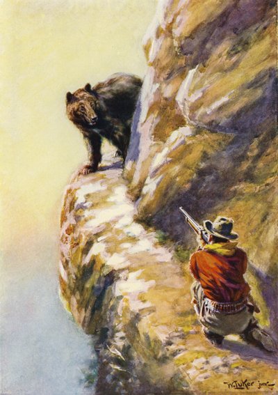 Confronto entre um homem e um urso em uma borda de montanha estreita (lito colorido) de William Luker