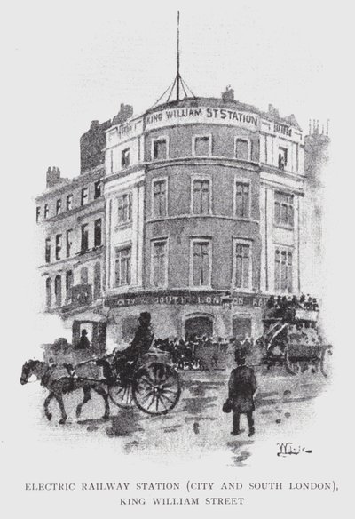 Estação Ferroviária Elétrica, City and South London, King William Street (litho) de William Luker