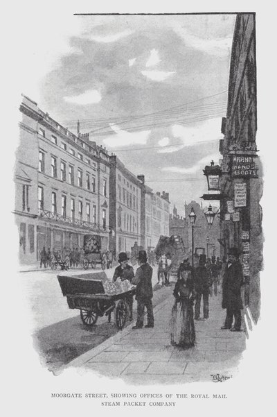 Moorgate Street, mostrando os escritórios da Royal Mail Steam Packet Company (litho) de William Luker