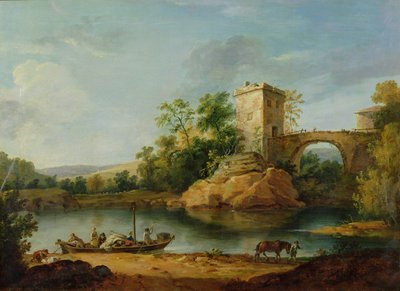 A Wooded Italianate River Landscape with Peasants in a Barge and a Bridge Beyond, c.1770 (aguarela) de William Marlow