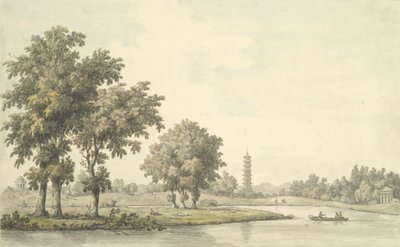 Vista do lago e da ilha desde o relvado de Kew, 1763. de William Marlow