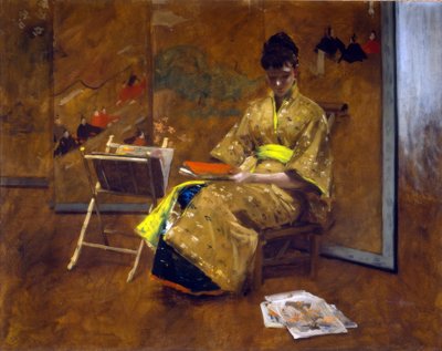 Uma rapariga de vestido japonês. O Kimono ca. 1887. de William Merritt Chase