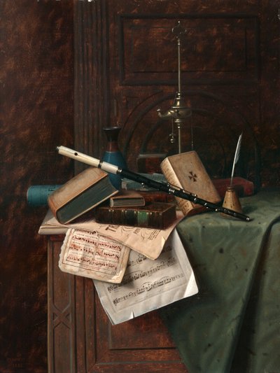 Natureza Morta com Flauta, Vaso e Lâmpada Romana de William Michael Harnett