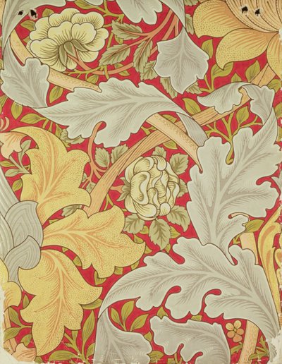 Folhas de acanto e rosa selvagem sobre um fundo carmesim, desenho de papel de parede de William Morris