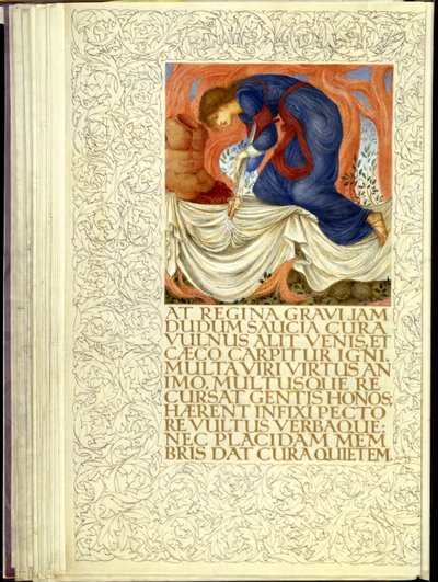 Dido se esfaqueando, abrindo o Livro IV da "Eneida" de Virgílio de William Morris