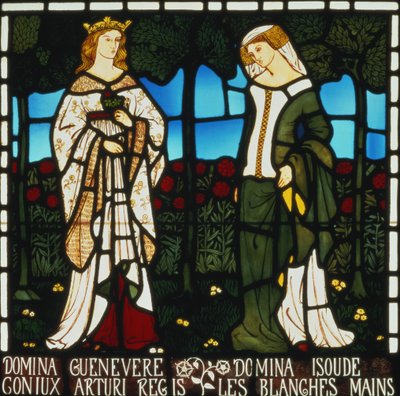 Rainha Guinevere e Isolda das Mãos Brancas, de "A História de Tristão e Isolda", William Morris und Co., 1850 (vitral) de William Morris