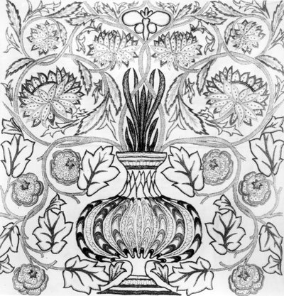 "The Flower Pot", painel bordado concebido por William Morris (1834-96) e executado por May Morris (impressão a preto e branco) de William Morris