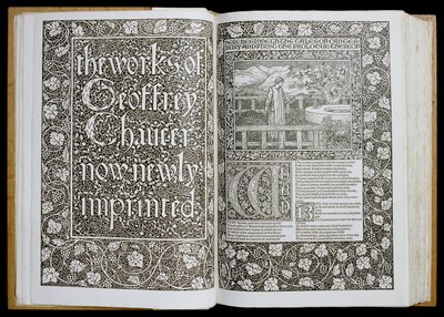 Página de título e frontispício de &39;The Works of Geoffrey Chaucer&39;, publicado em 1896 pela Kelmscott Press (xilogravura) de William Morris