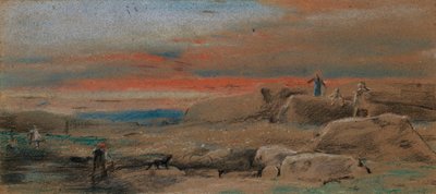 Figuras entre rochedos ao pôr do sol de William Mulready