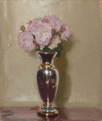 Rosas cor-de-rosa num vaso de brilho prateado de William Nicholson