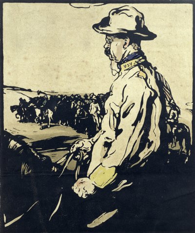 Presidente Theodore Roosevelt, ilustração de "Twelve Portraits", publicado em 1899 (bloco de madeira colorido à mão) de William Nicholson