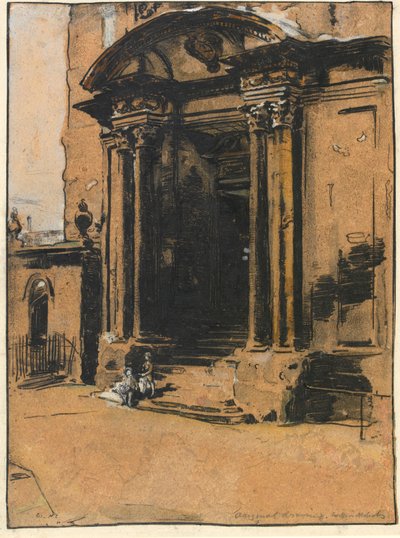 A Porta do antigo Museu Ashmolean, Oxford (caneta e tinta, giz preto e lavagem com altura branca em papel de decalque) de William Nicholson