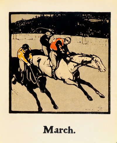O Mês de Março, de "Um Almanaque dos Doze Desportos", com palavras de Rudyard Kipling, publicado pela primeira vez por William Heinemann de William Nicholson