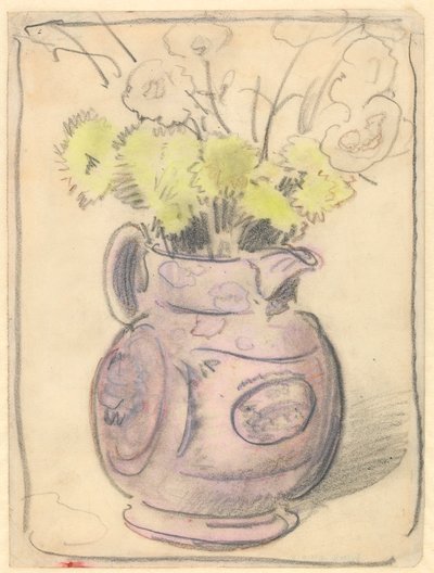 Vaso de flores: crisântemos amarelos em jarro lustroso (giz preto e colorido sobre papel) de William Nicholson