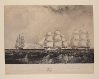 Esta gravura representa o navio das Índias Orientais "Vernon", comandado por Geo. Denny, comandante, na sua viagem, equipado com uma máquina a vapor de 30 cavalos de potência, passando pelos navios HM Edinburgh e Blenheim 74 ao largo do Canal da Mancha, em de William Overend Geller