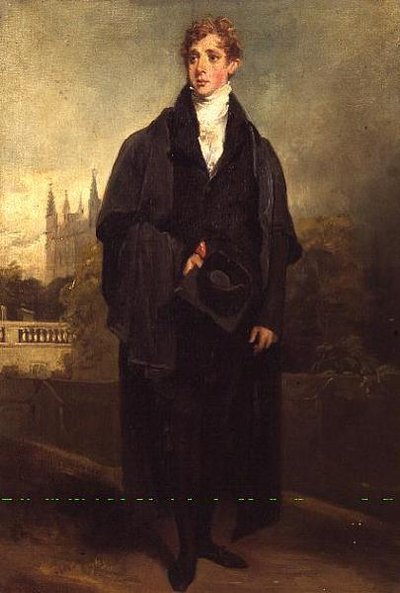 Retrato de Henry Townley (1769-1825) de pé em traje acadêmico, Merton College, Oxford possivelmente em segundo plano de William Owen