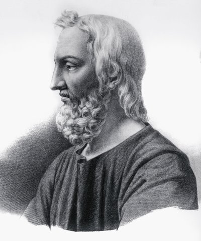 Retrato de Pedanius Dioscorides (cerca de 40-circa 90), médico grego, botânico e farmacêutico, gravura de Nicolas Toussaint Charlet