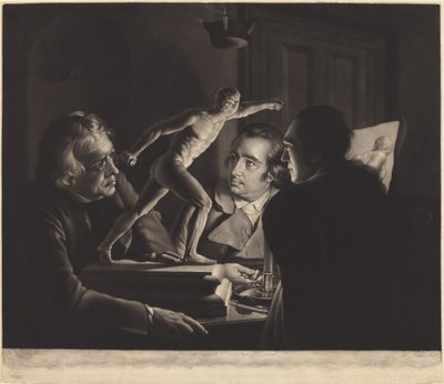 Três pessoas vendo o gladiador à luz de velas de William Pether after Joseph Wright