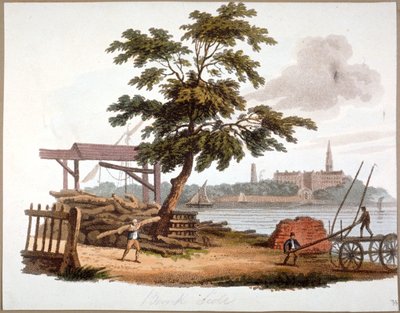 Homens movendo madeira em Bankside, Southwark, Londres, c1810 de William Pickett