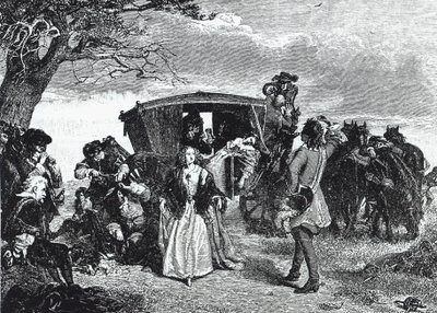 O Highwayman Claude Duval retratado no lendário momento em que declina levar todo o seu saque se a mulher da vítima dançar um 