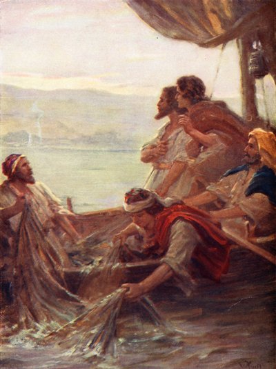 A manhã junto ao mar de Tiberíades, João xxi, 4-6 (litografia a cores) de William Pratt