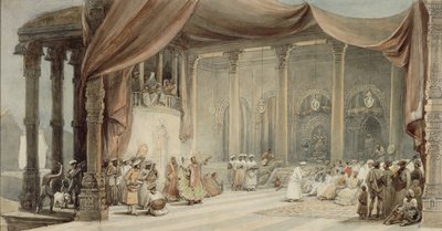 Europeus sendo entretidos por dançarinos e músicos em uma esplêndida casa indiana em Calcutá durante o puja de Durga de William Princep