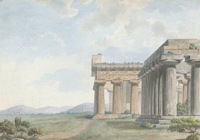 Vistas no Levante: Ruínas do Templo em Paestum, c.1785 (wc com caneta e tinta sobre grafite sobre papel) de William Reveley