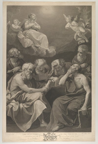Os doutores da igreja consultando livros e documentos e contemplando a Virgem que..., 1785 de William Sharp