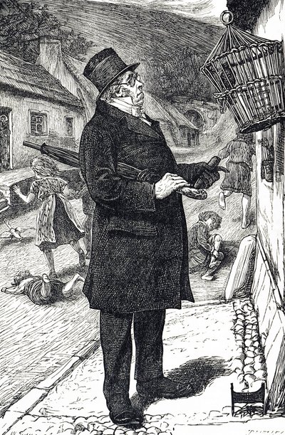 Desenho animado retratando um homem de chapéu alto ultrajado por um estorninho de estimação perturbando o Sábado, fazendo as crianças rir e gritar a sua linguagem de William Small