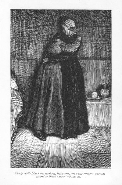 Hetty Sorrel, condenada à morte por infanticídio, confortada na prisão por sua prima pregadora metodista, Dinah Morris. A sentença de Hetty é comutada para o transporte através da intervenção do seu sedutor Arthur Donnithorne. Adam Bede por George Eliot, p de William Small