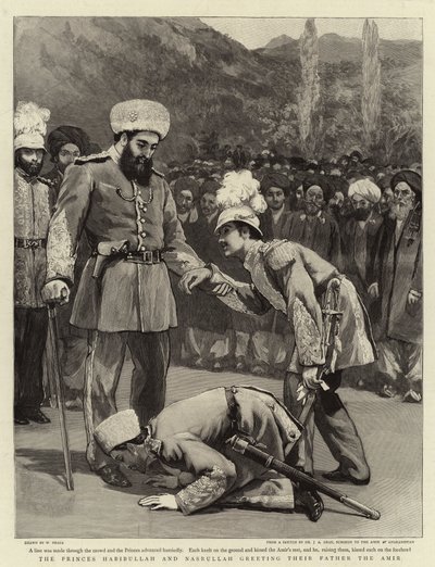Os Príncipes Habibullah e Nasrullah cumprimentam seu Pai o Amir de William Small