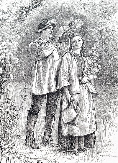 A coroação da Rainha de Maio com uma grinalda de espinheiro pela sua querida. Por William Small (1843-1929) um ilustrador inglês de William Small