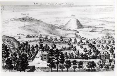 Vista da torre de Avebury de Silbury Hill, ilustração de "Stonehenge: um templo restaurado para os druidas britânicos" por William Stukeley, 1740 de William Stukeley