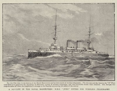 Uma novidade nas manobras navais, HMS Juno equipado para telegrafia sem fio de William T. Maud