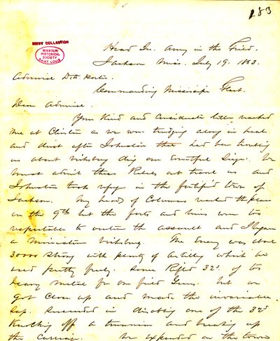 Carta de W. T. Sherman, quartel-general, Exército no Campo, Jackson, Mississippi, para [David D.] Porter, 19 de julho de 1863 de William T. Sherman