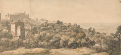 Uma Paisagem Italiana: aldeia numa colina à esquerda, encosta inclinada para a direita, com vale distante para além de William Taverner