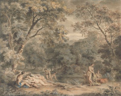 Ninfas a banhar-se numa clareira arborizada de William Taverner