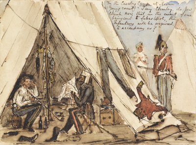 No Acampamento de Cavalaria em Devna (Young Cornet), digo Charley, você acha agora que no caso de sermos enviados a Sebastopol, a Infantaria será obrigada a nos acompanhar , c.1854 (caneta e tinta e wc de William Thomas Markham