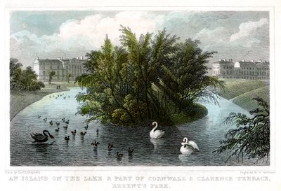 Ilha no lago e parte dos terraços de Cornualha e Clarence, Regents Park, Londres, 1828. de William Tombleson