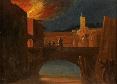 Bristol Motins: The Burning of Bridewell, com a Igreja de St Michael, Bridewell Bridge, c.1831 (óleo sobre papel) de William W. Wheatley