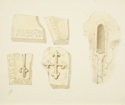 Restos de um Monumento descoberto na Muralha Leste, e Piscina no corredor Sul, Igreja de São Tiago, Bristol (lápis e aguarela sobre papel) de William W. Wheatley