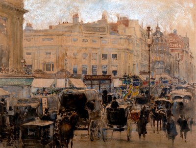Hora de ponta, Oxford Circus (aguarela com verniz e cor de corpo sobre papel colorido) de William Walcot